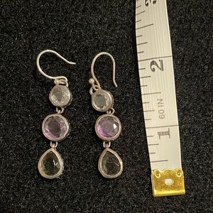 THREE STONE DROP/DANGLE STERLING SILVER EARRINGS W/ CLEAR, PURPLE & LIME CITRINE